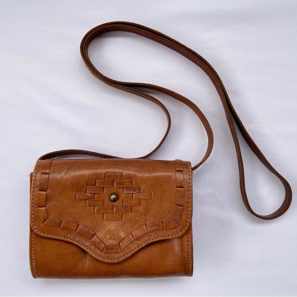 Vintage American West Woven Brown Leather Western Crossbody Bag Bohemian Tooled - Picture 1 of 9